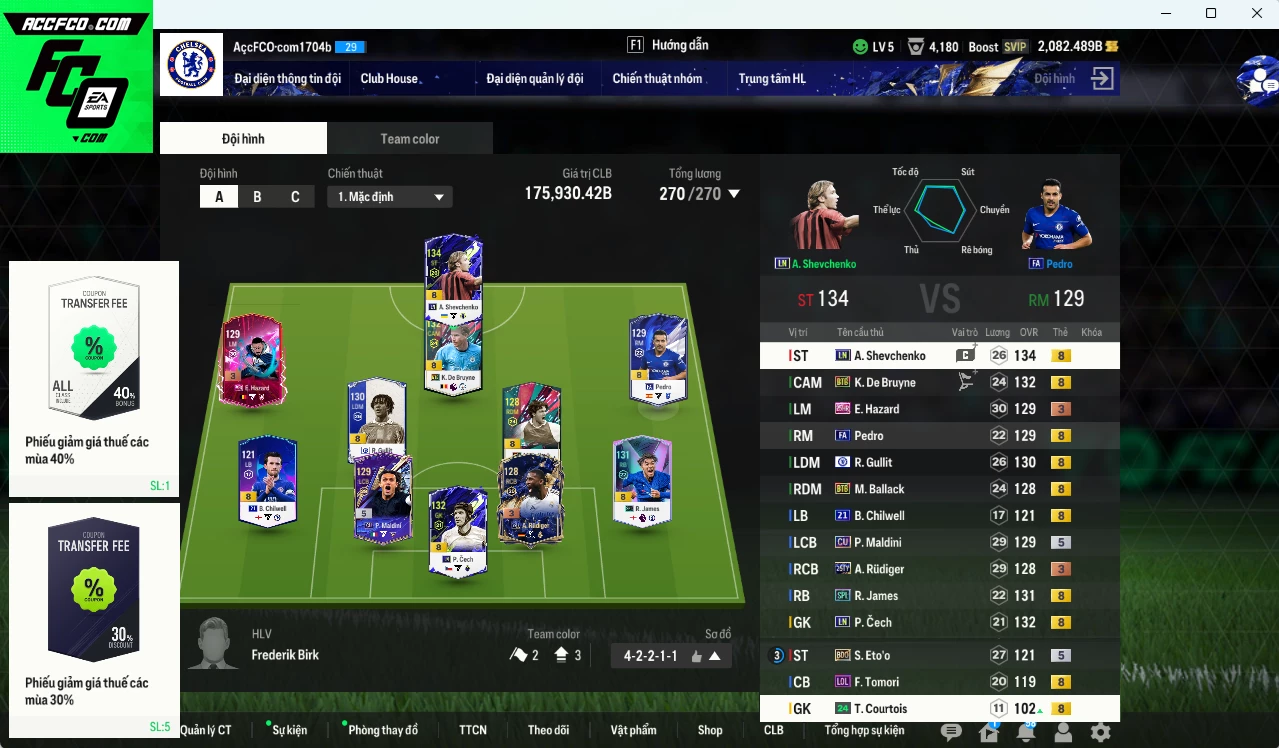 Chelsea 175.930b đầu tàu Sheva LN, Gullit CFA, Ballack BTB, K. De Bruyne BTB dư 2000b